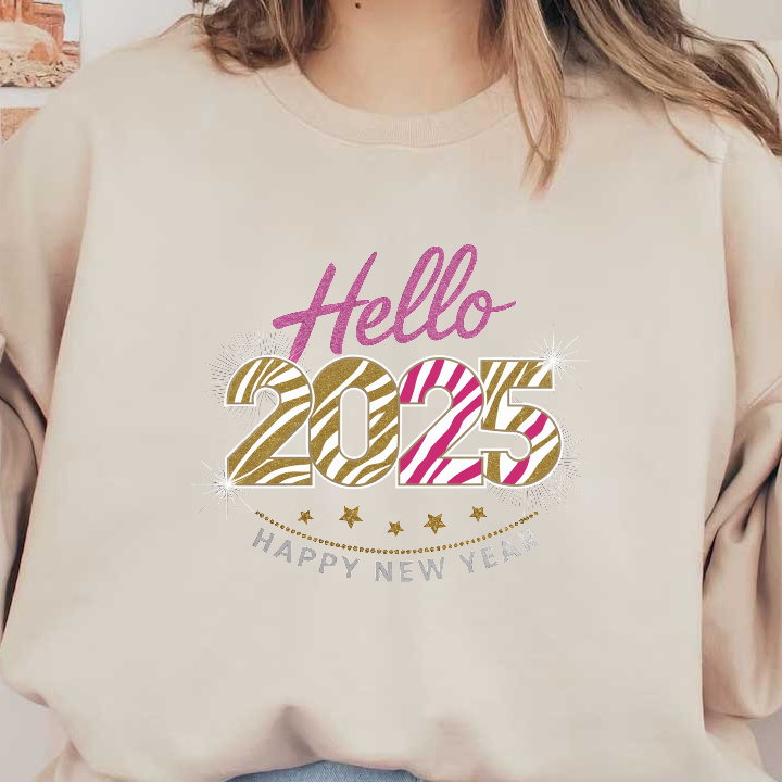 Celebrate the arrival of 2025 with this vibrant "Hello 2025" design featuring zebra stripes and festive elements!DTF Transfers