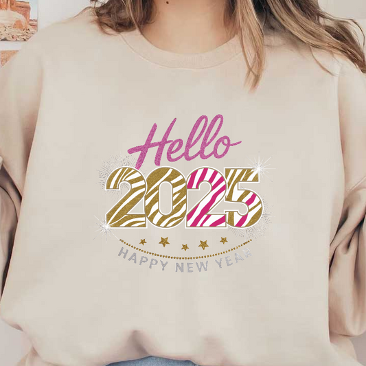 Celebrate the arrival of 2025 with this vibrant "Hello 2025" design featuring zebra stripes and festive elements!DTF Transfers