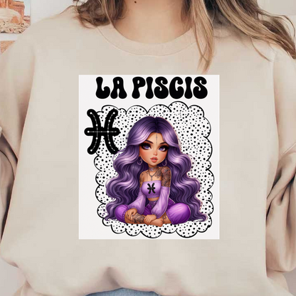 Una ilustración vibrante de una mujer joven con cabello largo de color morado, tatuada y vistiendo un traje morado a juego, que representa a Piscis.