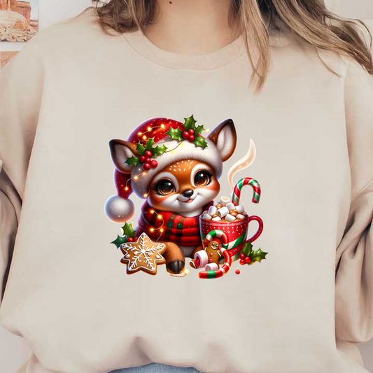 A cheerful cartoon fox in a festive hat and scarf, surrounded by holiday treats like hot chocolate, candy canes, and cookies. heat press transfers