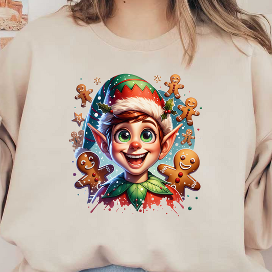 A cheerful young elf, adorned in festive attire and surrounded by playful gingerbread cookies, radiates holiday joy and excitement.DTF Transfers dtf transfers