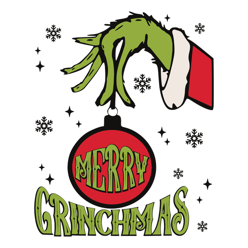 Celebrate the holiday spirit with this whimsical "Merry Grinchmas" design featuring a green hand holding a festive ornament!DTF Transfers dtf prints