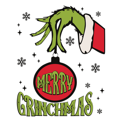 Celebrate the holiday spirit with this whimsical "Merry Grinchmas" design featuring a green hand holding a festive ornament!DTF Transfers dtf prints