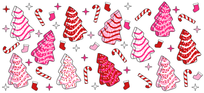 A festive collection of pink and red Christmas trees adorned with candy canes and stockings, perfect for holiday cheer!UV Transfers heat press transfers