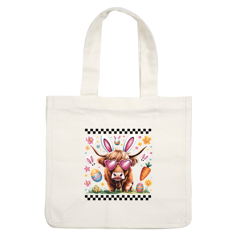 This whimsical illustration features a Highland cow wearing heart-shaped sunglasses, surrounded by colorful Easter decorations like eggs, flowers, and carrots.DTF Transfers