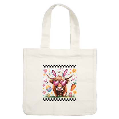 This whimsical illustration features a Highland cow wearing heart-shaped sunglasses, surrounded by colorful Easter decorations like eggs, flowers, and carrots.DTF Transfers