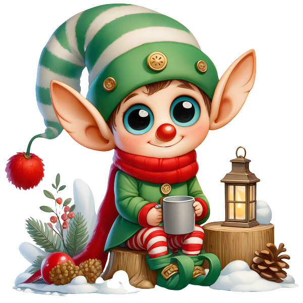 A cheerful, cartoonish elf in a green and red outfit sits on a log, holding a mug beside a lantern.DTF Transfers heat press transfersdtf regular iron