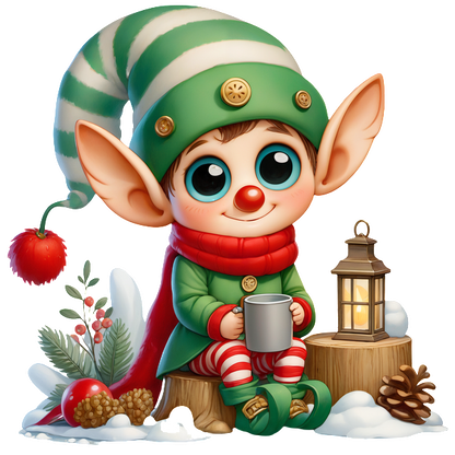 A cheerful, cartoonish elf in a green and red outfit sits on a log, holding a mug beside a lantern.DTF Transfers heat press transfersdtf regular iron