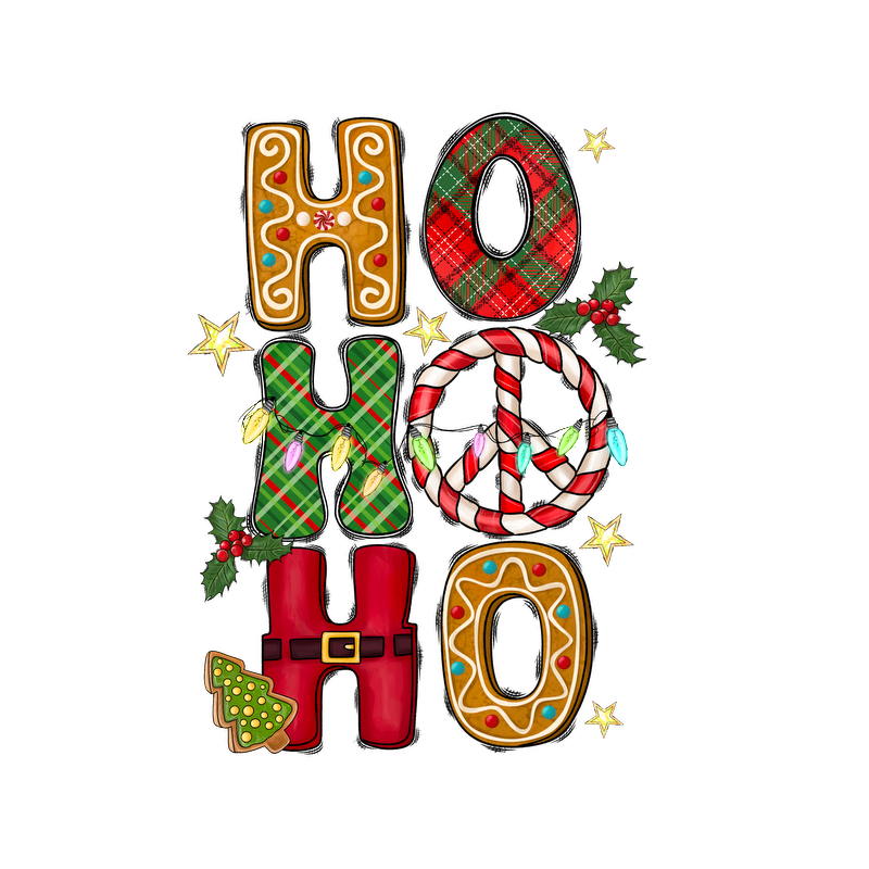 Festively decorated letters spell out "HO HO HO," featuring plaid patterns, candy canes, and holiday elements for a cheerful Christmas vibe.DTF Transfers heat press transfers dtf transfers