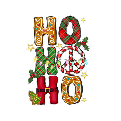 Festively decorated letters spell out "HO HO HO," featuring plaid patterns, candy canes, and holiday elements for a cheerful Christmas vibe.DTF Transfers heat press transfers dtf transfers