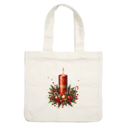 A festive red candle surrounded by holly, pinecones, and Christmas ornaments, creating a warm holiday ambiance.dtf regular iron