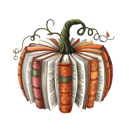 A creative pumpkin made of colorful books, featuring a leafy vine on top.DTF Transfers