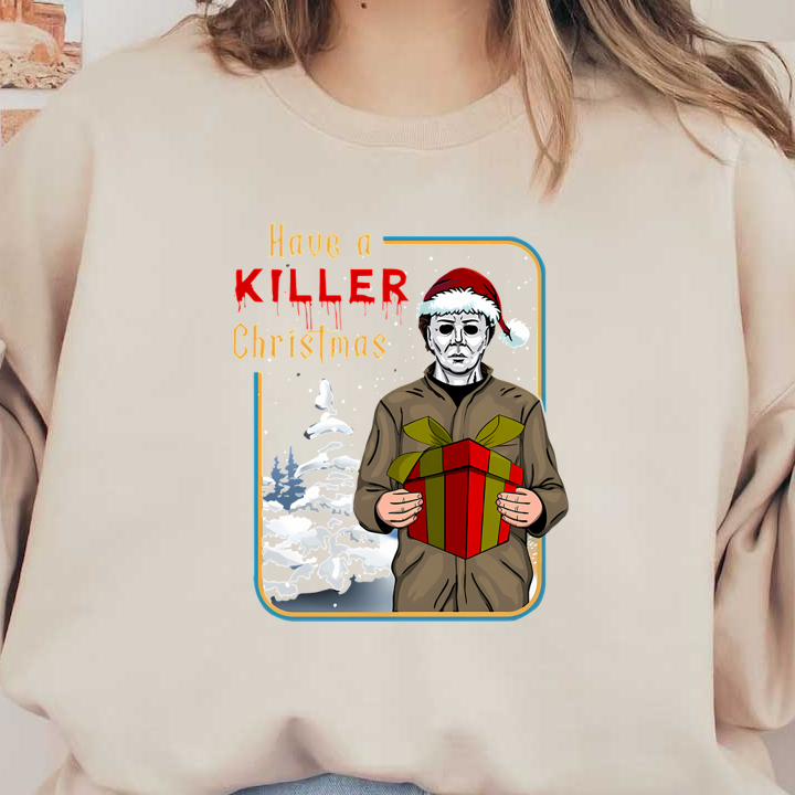 This festive illustration features a character in a Santa hat holding a gift, promoting a playful yet spooky "Have a KILLER Christmas."