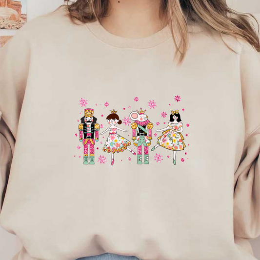 A whimsical illustration featuring a nutcracker soldier, a cheerful girl, a dancing mouse, and a girl in a floral dress, surrounded by colorful flowers.DTF Transfers dtf transfers