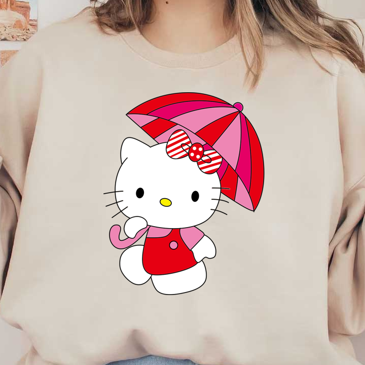 Cute Hello Kitty character holding a colorful striped umbrella, adorned with a red dress and a polka-dot bow.DTF Transfers