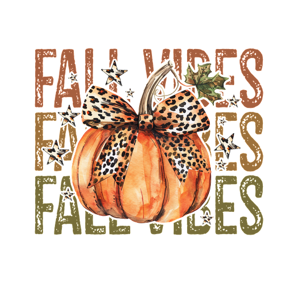 A vibrant autumn-themed illustration featuring a leopard-print bow pumpkin and the text "Fall Vibes" in earthy tones. dtf prints