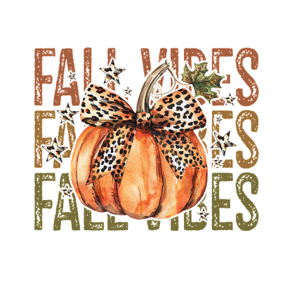 A vibrant autumn-themed illustration featuring a leopard-print bow pumpkin and the text "Fall Vibes" in earthy tones. dtf prints