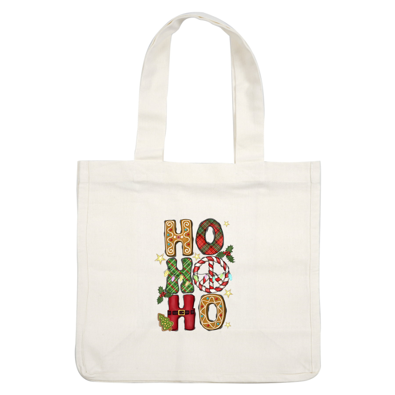 Festively decorated letters spell out "HO HO HO," featuring plaid patterns, candy canes, and holiday elements for a cheerful Christmas vibe.DTF Transfers heat press transfers dtf transfers