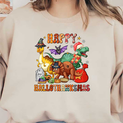 A whimsical illustration featuring festive dinosaurs and a bat, celebrating "Hallothanksmas" with Halloween and Thanksgiving themes. dtf transfers