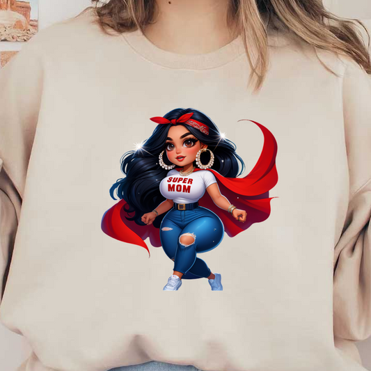 Un elegante personaje de mamá superhéroe que viste una camiseta "SUPER MOM", jeans rotos y una capa roja suelta y que irradia confianza.