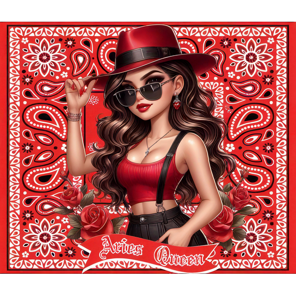 Una elegante ilustración de una mujer segura de sí misma que viste un top rojo, pantalones cortos negros, gafas de sol y un sombrero rojo a juego, rodeada de diseños florales.