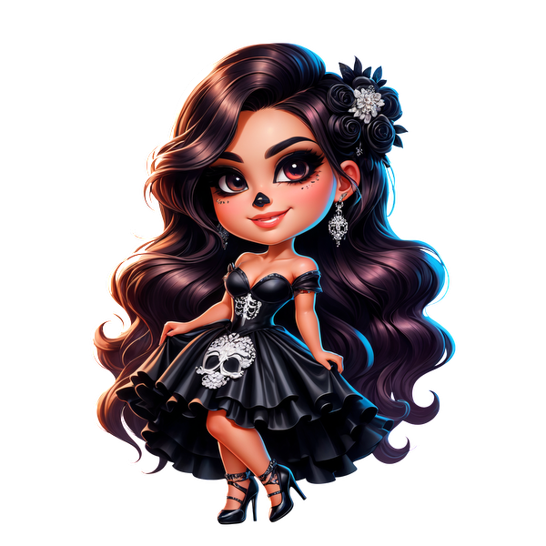 Una encantadora muñeca con un elegante vestido negro, con diseño de calavera y elegantes accesorios, perfecta para una colección de temática gótica.