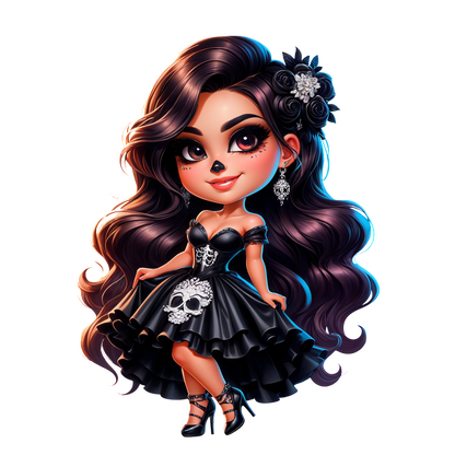 Una encantadora muñeca con un elegante vestido negro, con diseño de calavera y elegantes accesorios, perfecta para una colección de temática gótica.