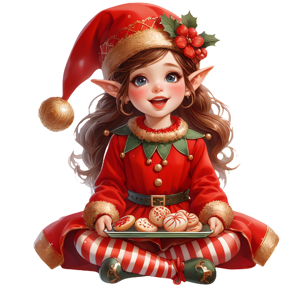 A cheerful elf girl in a red holiday outfit sits with a platter of decorated cookies, exuding festive charm.DTF Transfers dtf transfers