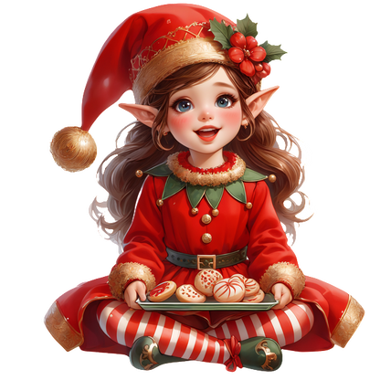 A cheerful elf girl in a red holiday outfit sits with a platter of decorated cookies, exuding festive charm.DTF Transfers dtf transfers