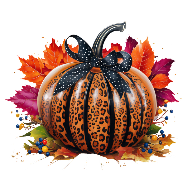 Una elegante calabaza con estampado de leopardo adornada con un lazo de lunares negros, rodeada de coloridas hojas y bayas otoñales.