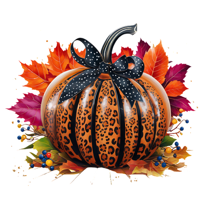 Una elegante calabaza con estampado de leopardo adornada con un lazo de lunares negros, rodeada de coloridas hojas y bayas otoñales.