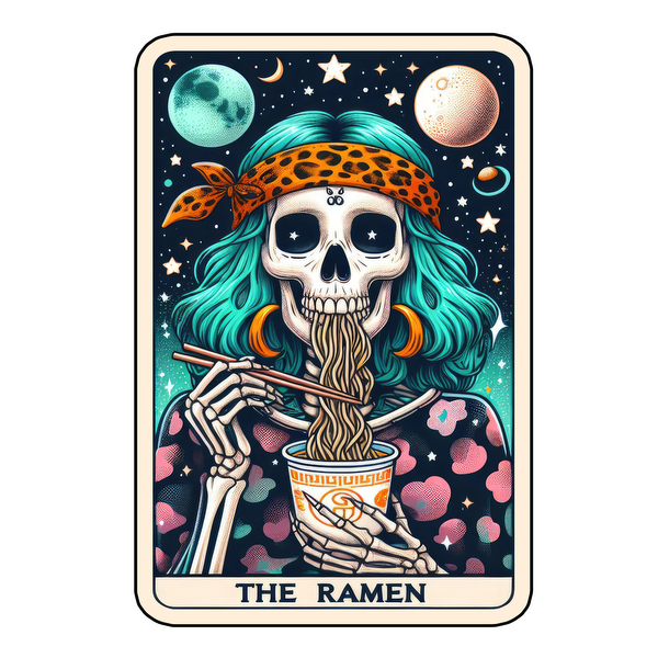 Una ilustración vibrante de un esqueleto disfrutando de ramen con palillos, sobre un fondo cósmico de planetas y estrellas.