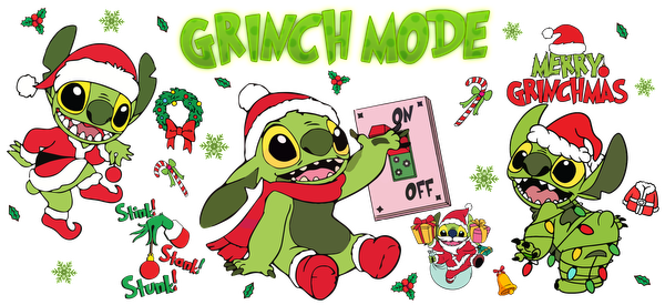 Join the festive fun with this vibrant "Grinch Mode" artwork featuring adorable, holiday-themed Stitch characters in festive attire!UV Transfersdtf regular iron