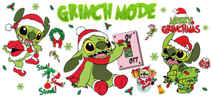 Join the festive fun with this vibrant "Grinch Mode" artwork featuring adorable, holiday-themed Stitch characters in festive attire!UV Transfersdtf regular iron