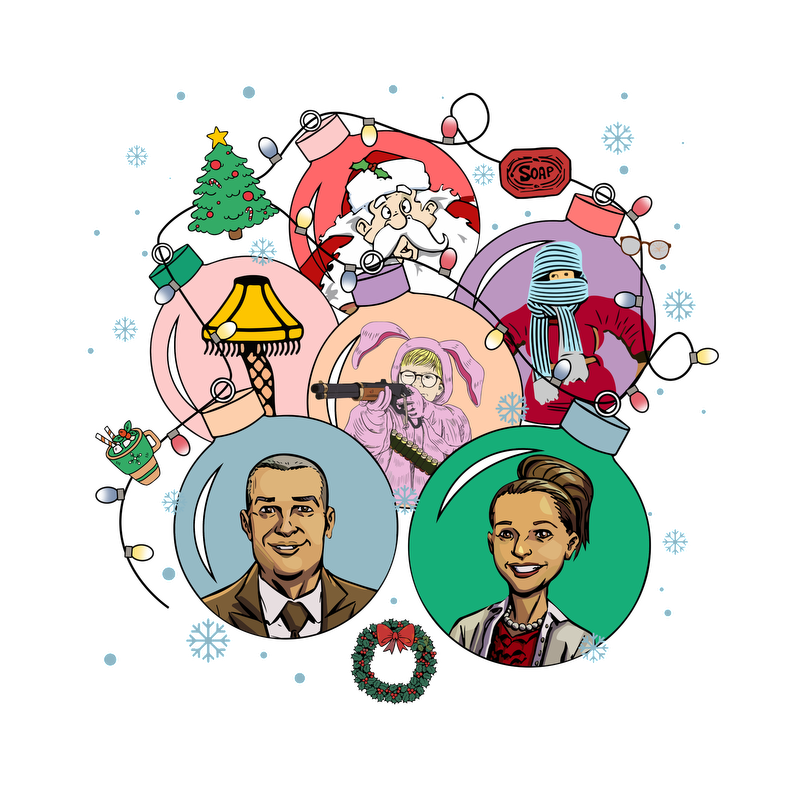 A festive illustration featuring whimsical characters and holiday themes, including Santa, a snowman, and various colorful ornaments.DTF Transfers dtf transfersdtf regular iron