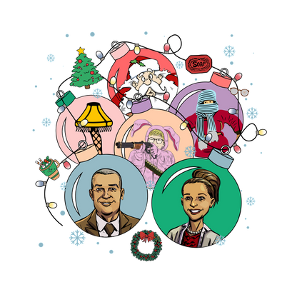 A festive illustration featuring whimsical characters and holiday themes, including Santa, a snowman, and various colorful ornaments.DTF Transfers dtf transfersdtf regular iron