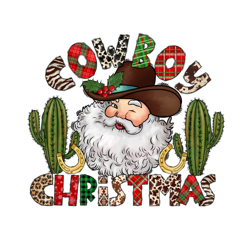 Celebrate the holidays with this whimsical "Cowboy Christmas" design featuring a jolly Santa, cacti, and festive lettering!DTF Transfers dtf prints