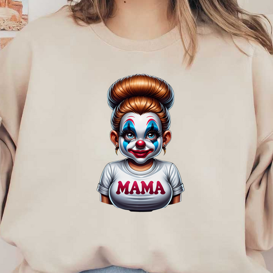 A whimsical clown character with a cheerful expression, wearing a "MAMA" shirt and featuring bright makeup and a stylish hairstyle.dtf regular iron