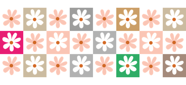 A vibrant pattern of daisies in various colors, showcasing playful floral designs on different background squares.UV Transfers heat press transfers