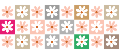 A vibrant pattern of daisies in various colors, showcasing playful floral designs on different background squares.UV Transfers heat press transfers