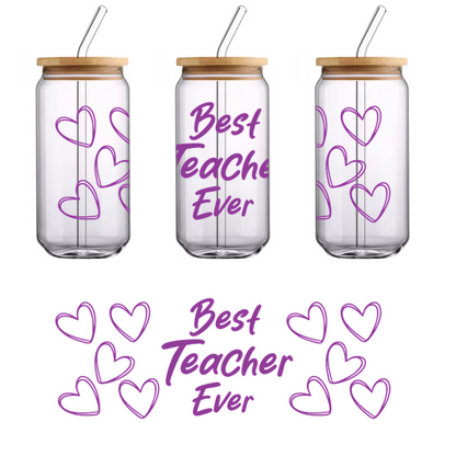 A vibrant graphic featuring the phrase "Best Teacher Ever" surrounded by playful purple hearts, perfect for showing appreciation.UV Transfers dtf transfers