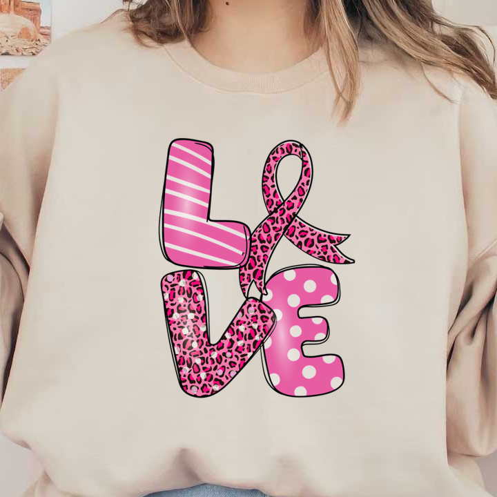 A vibrant "LOVE" design featuring playful pink patterns and a leopard print ribbon, perfect for spreading positivity and style. dtf transfers