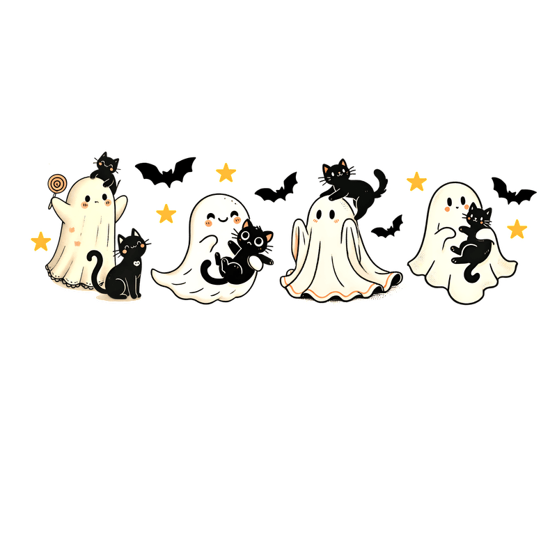 Cute Halloween illustration featuring playful ghosts and adorable black cats.DTF Transfers