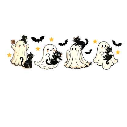Cute Halloween illustration featuring playful ghosts and adorable black cats.DTF Transfers