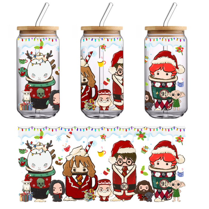 A festive collection of colorful, chibi-style mugs featuring beloved characters in holiday attire, surrounded by Christmas decorations.UV Transfers dtf transfers