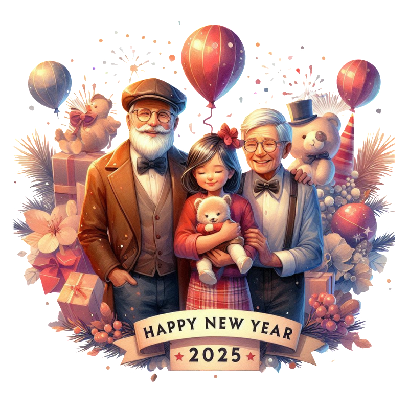 Celebrate New Year's 2025 with this heartwarming illustration of a family, balloons, gifts, and festive decorations!DTF Transfers