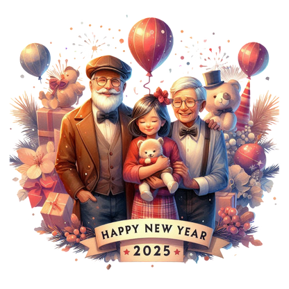 Celebrate New Year's 2025 with this heartwarming illustration of a family, balloons, gifts, and festive decorations!DTF Transfers