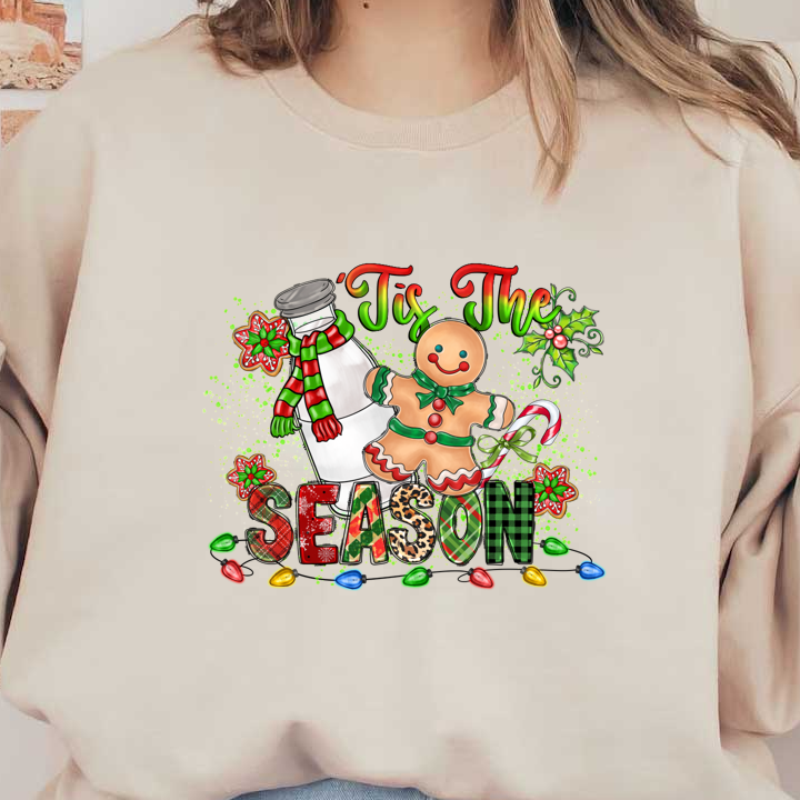 Celebrate the season with this festive illustration featuring a milk bottle, gingerbread cookie, candy cane, and colorful decorations.DTF Transfers heat press transfers dtf transfers