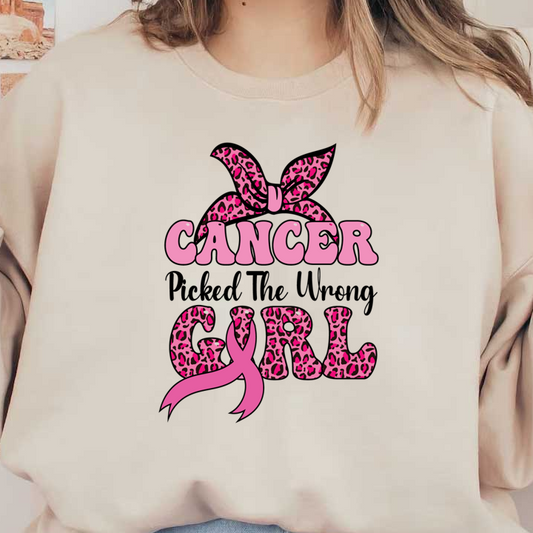 Diseño audaz "Cancer Girl" que presenta un lazo rosa y divertidos detalles con estampado de leopardo, que celebran la fuerza y ​​la individualidad.