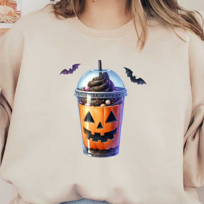 Deléitese con esta espeluznante bebida de postre con temática de Halloween, que incluye una taza con forma de calabaza llena de remolinos de chocolate amargo y chispas de colores.